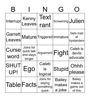 Kenny Vs Garrett Bingo Card
