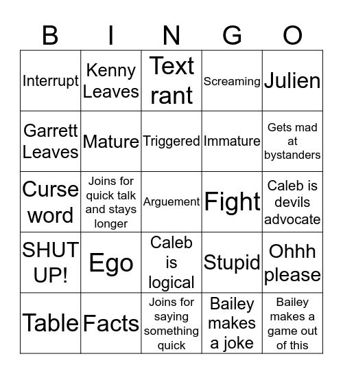 Kenny Vs Garrett Bingo Card