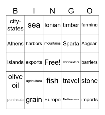 Ancient Greece geography & economics Bingo Card