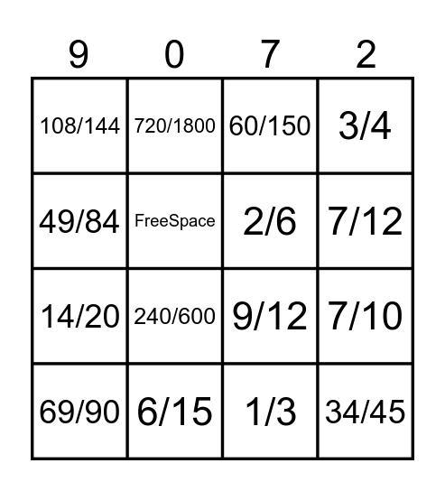 Equivalent Fractions Bingo Card