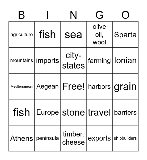 Ancient Greece:  geography & economy Bingo Card