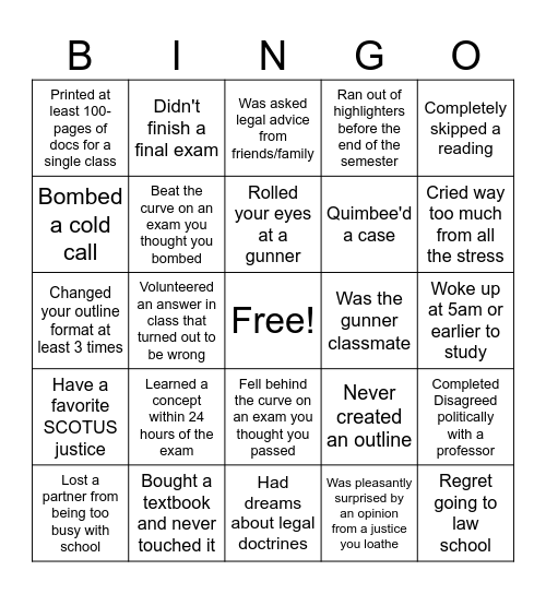 Law School Bingo Card