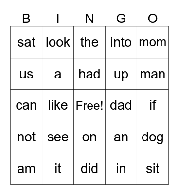 High Frequency Words Bingo Card