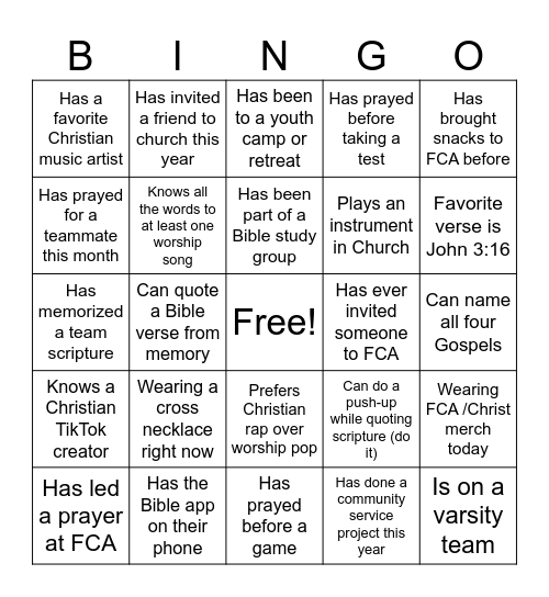 FCA People Bingo Card