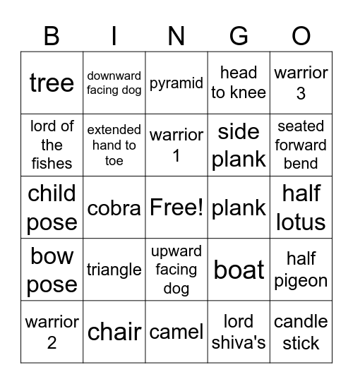 Yoga Bingo Card
