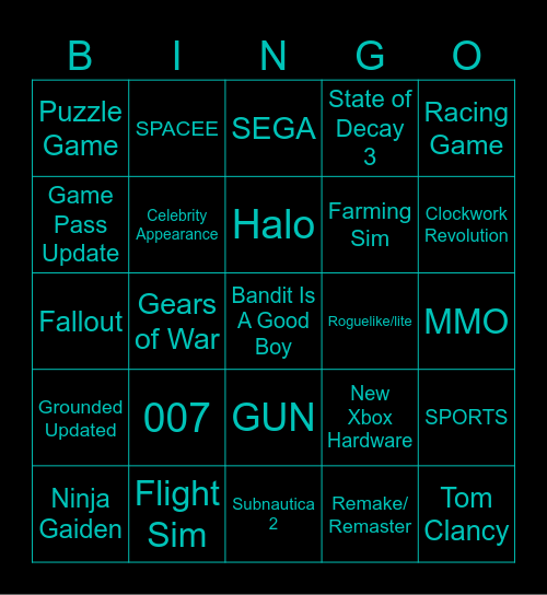 Xbox Partner Preview Bingo Card