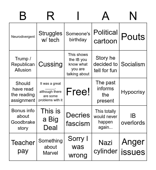 Goodbrake Weekly Bingo Card