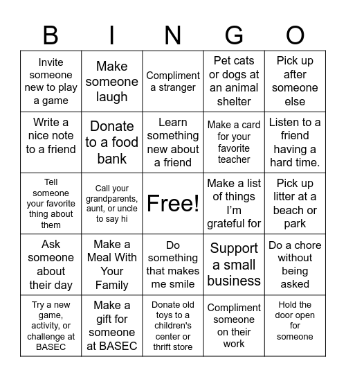 Acts of Kindness Bingo Card
