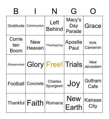 Family Thanksgiving Service Bingo Card