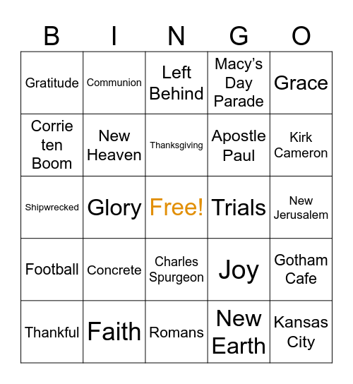 Family Thanksgiving Service Bingo Card