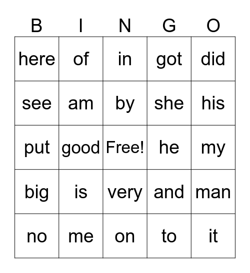 Popcorn Word Bingo Card