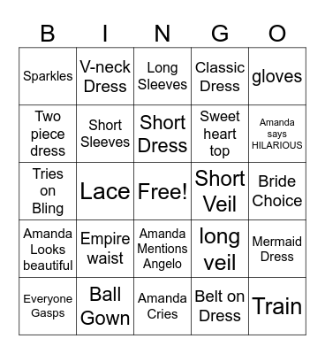 Amanda's Bridal Dress Bingo Card