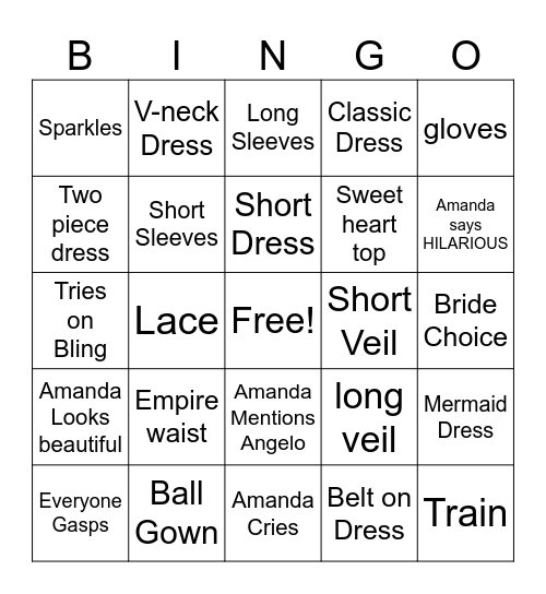 Amanda's Bridal Dress Bingo Card