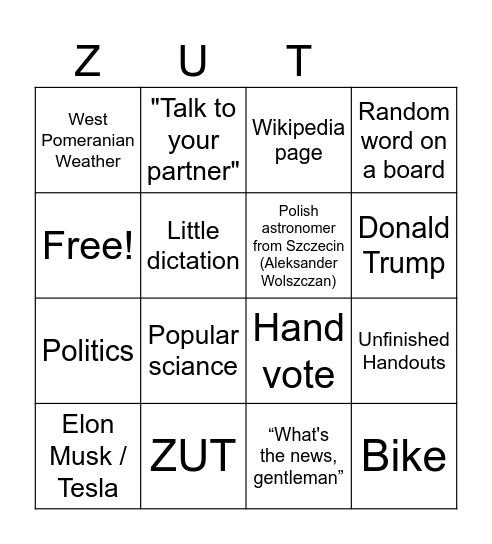 ZUT - Angielski Bingo! Bingo Card