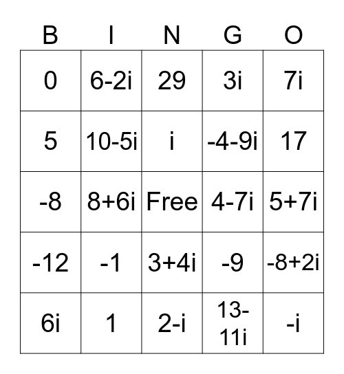 Complex Numbers Bingo Card