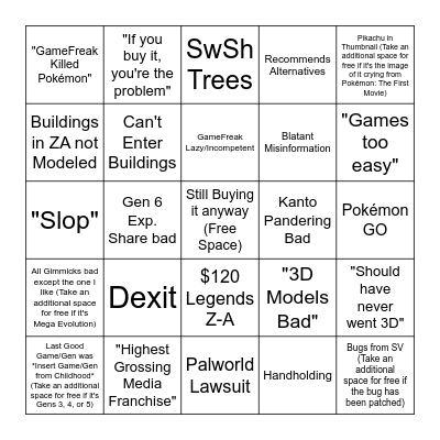 Anti-Pokémon Rant Bingo Card