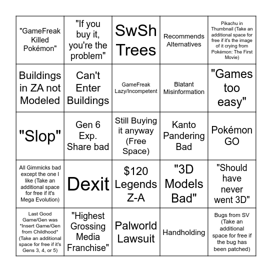 Anti-Pokémon Rant Bingo Card