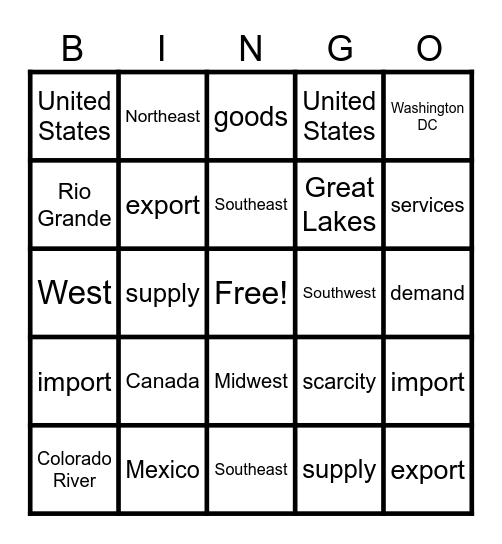 US Geography Bingo Card