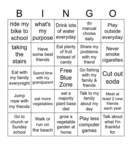 Blue Zones Bingo Card