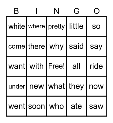 Sight Words Bingo Card