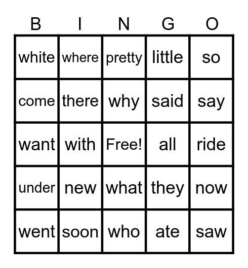 Sight Words Bingo Card