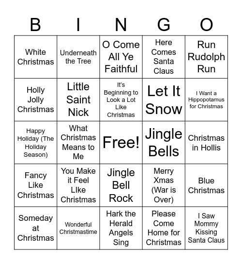 Holiday Song Bingo Card