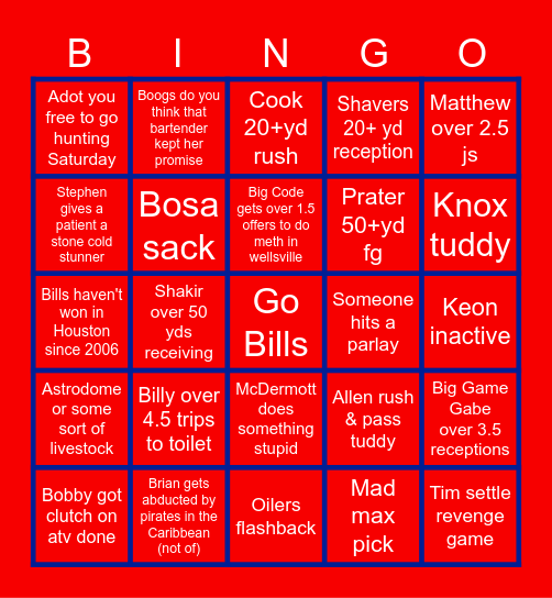 Bills vs Texans Bingo Card