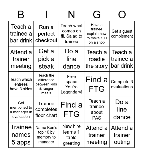 Trainer Bingo Card