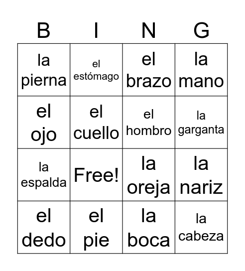 Las Partes del Cuerpo Bingo Card
