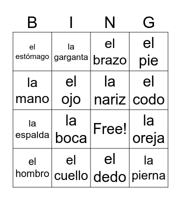 Las Partes del Cuerpo Bingo Card