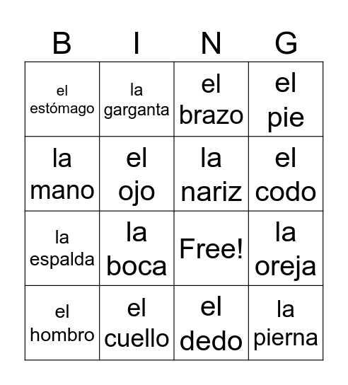 Las Partes del Cuerpo Bingo Card