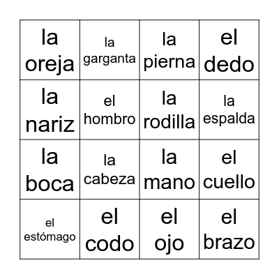 Las Partes del Cuerpo Bingo Card