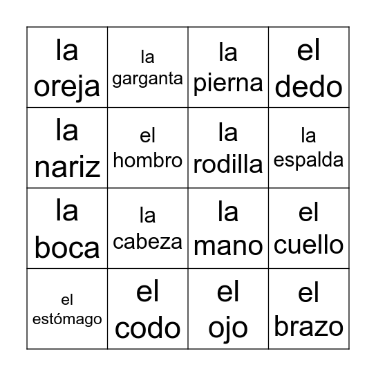 Las Partes del Cuerpo Bingo Card