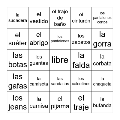 La Ropa Bingo Card