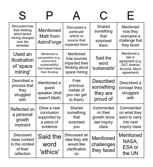 296 Rubric Bingo Card