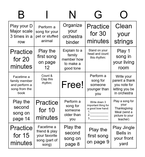 Beginner Fall Music Challenge Bingo Card