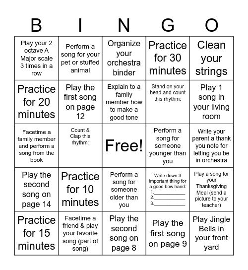 Beginner Fall Music Challenge Bingo Card