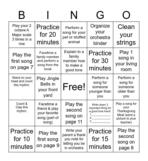 Beginner Fall Music Challenge Bingo Card