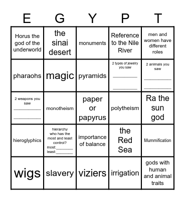 Prince of Egypt BINGO Card