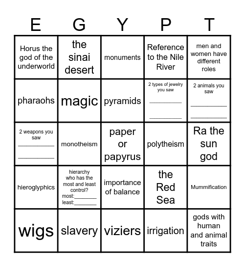 Prince of Egypt BINGO Card