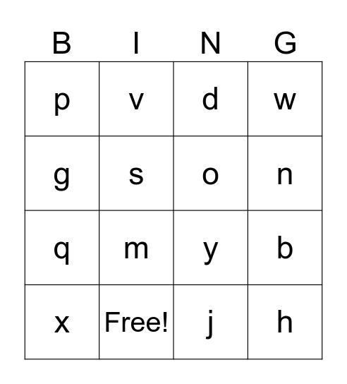Letters Bingo Card