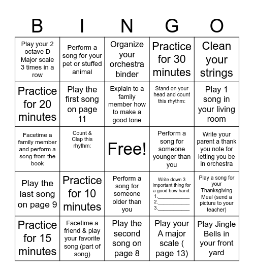 Beginner Fall Music Challenge Bingo Card
