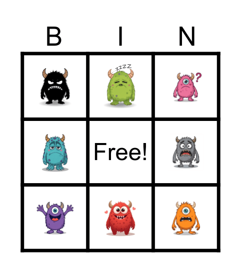 Moster Emotions Bingo Card
