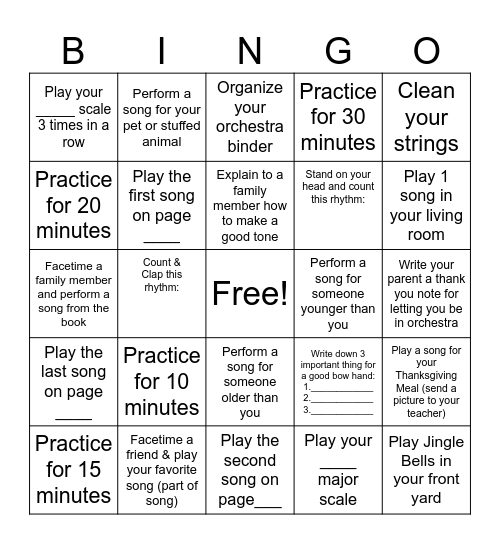 Beginner Fall Music Challenge Bingo Card