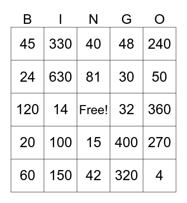 Multiplication Bingo Card