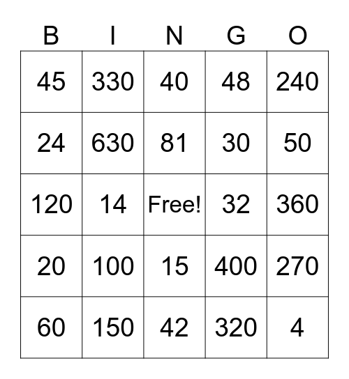 Multiplication Bingo Card