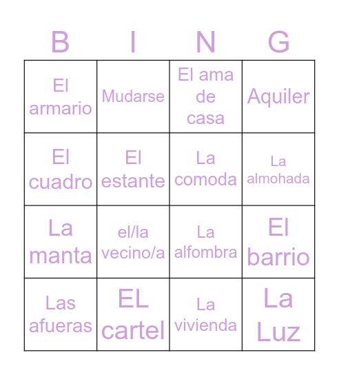 Vocabulario Bingo Card