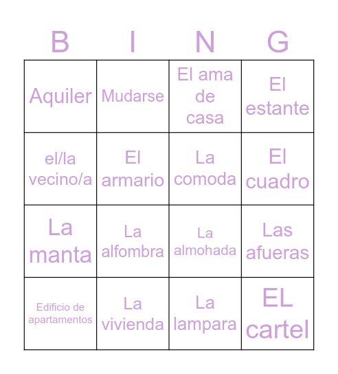 Vocabulario Bingo Card