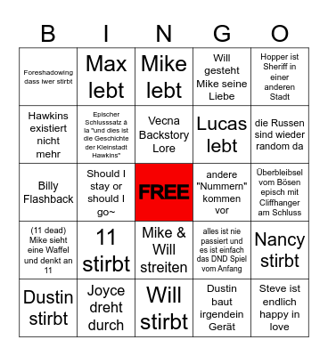 Stranger Things Bingo Card