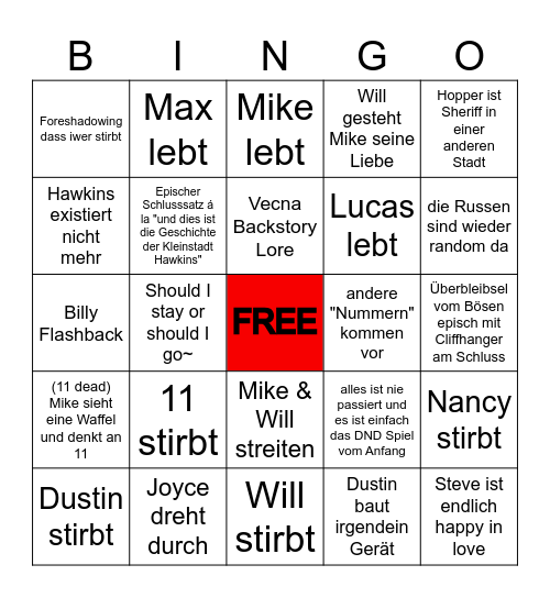 Stranger Things Bingo Card